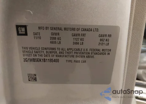 2011 Chevrolet Impala Lt z USA, uszkodzony, nr VIN 2G1WB5EK1B1185400